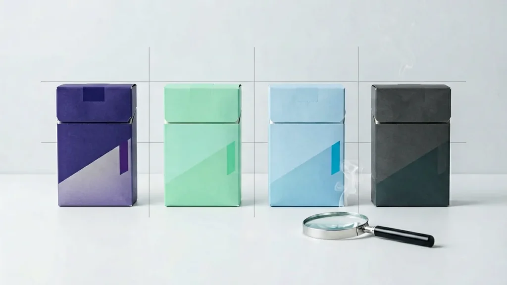 Four generic capsule-style carton silhouettes arranged for an adult catalogue comparison