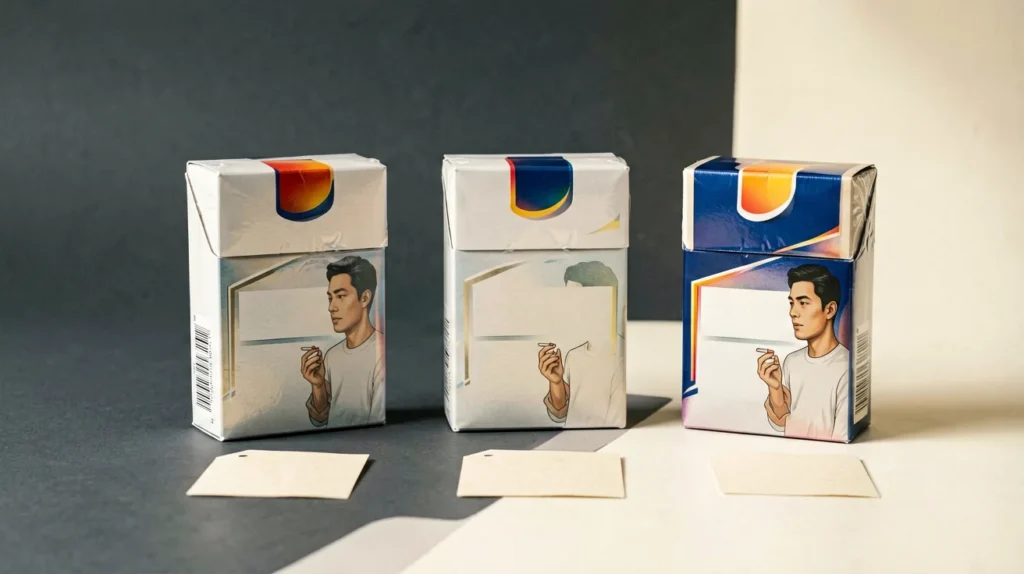 Three generic sealed cigarette cartons arranged for an adult price comparison