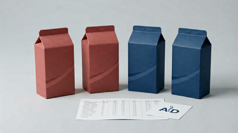 Unbranded red and blue carton-shaped packages arranged for an Australian adult catalogue price comparison