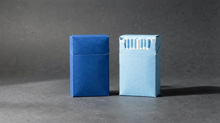 Two unbranded blue carton-sized boxes representing a Dunhill Blue and Manchester Sapphire Blue comparison