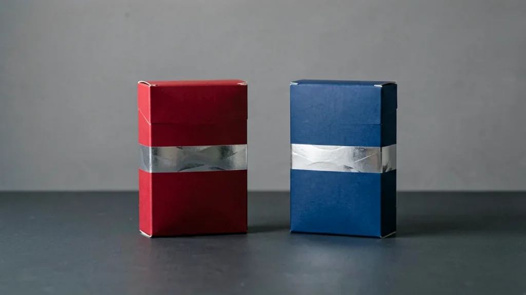 Abstract red and blue carton boxes arranged side by side for a price comparison