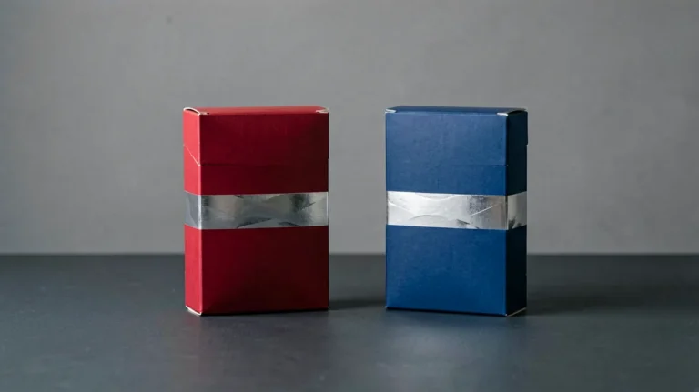 Abstract red and blue carton boxes arranged side by side for a price comparison