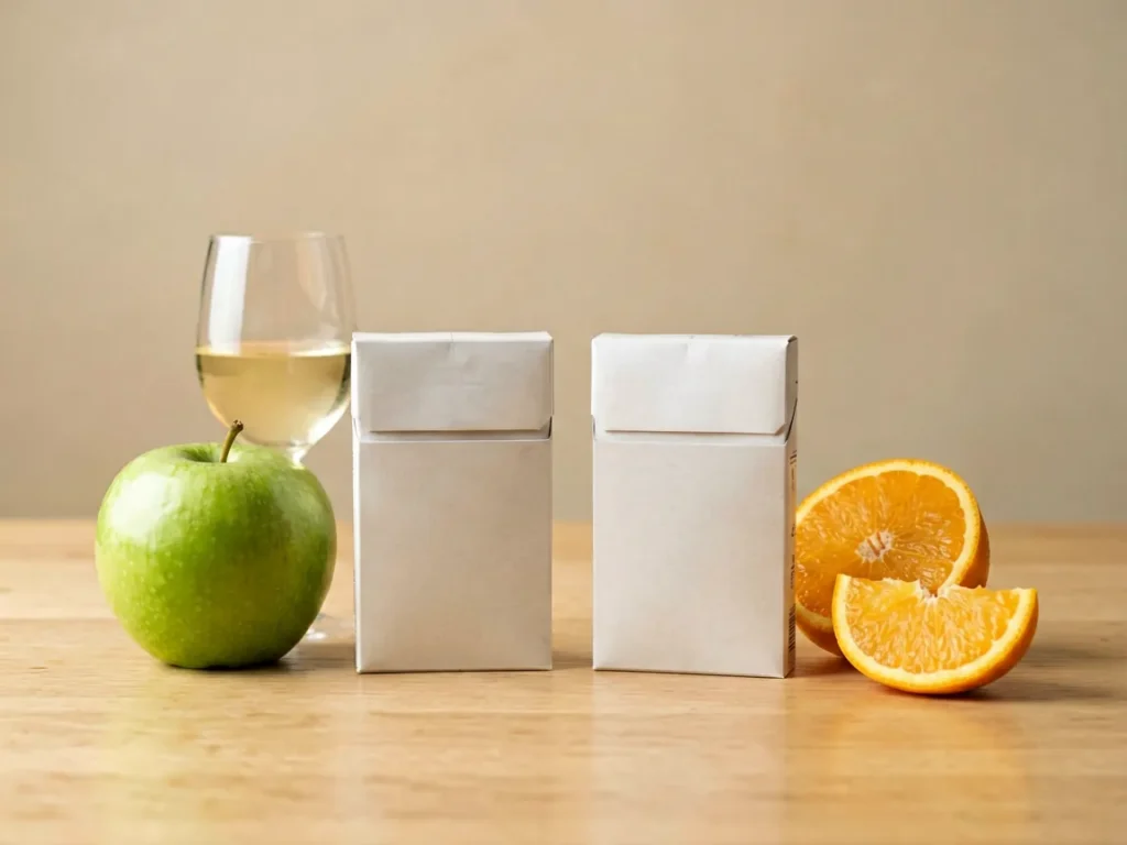 Two unbranded slim packs beside an apple and wine glass on one side and an orange on the other, editorial comparison photo for the ESSE Change Double Applemint article
