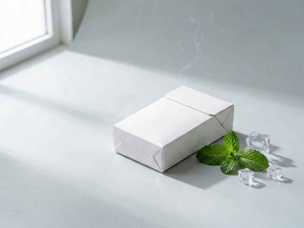 Plain sealed cigarette carton with fresh mint leaves and ice cubes, editorial image for the ESSE Change Mint Ice Blast 4mg carton listing at Melvixa