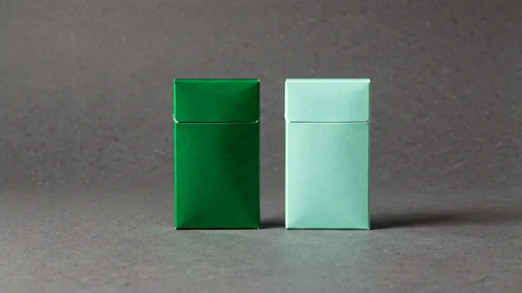 Abstract green and mint carton shapes arranged for an ESSE product comparison