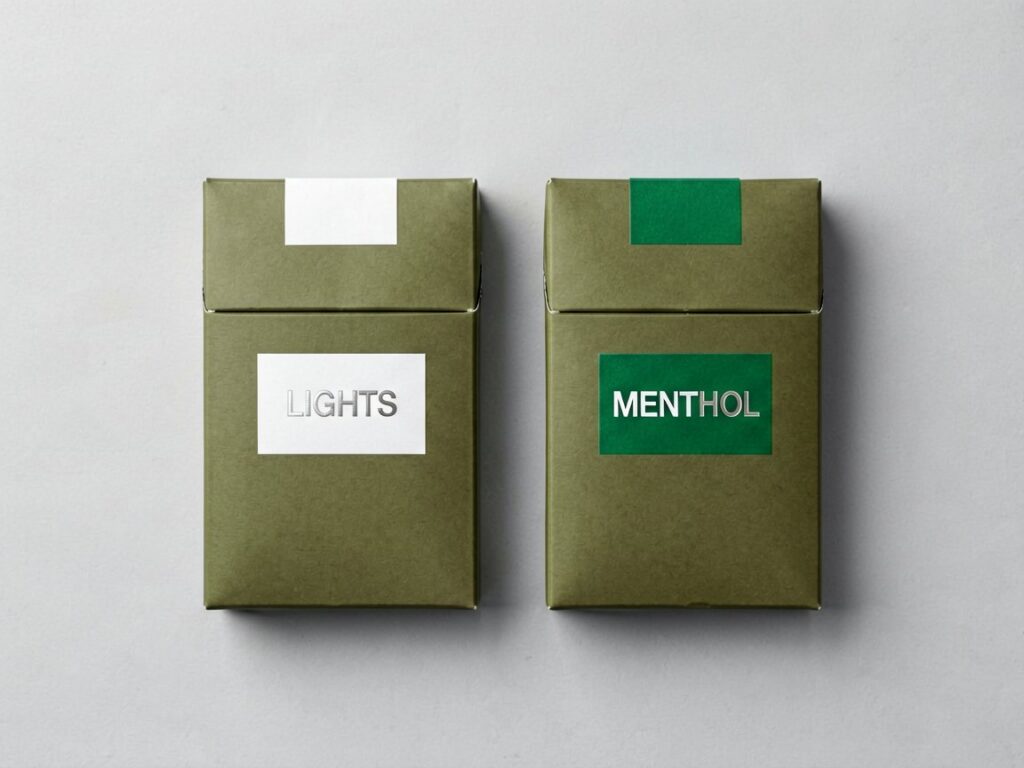 Two sealed cigarette cartons in plain packaging side by side on a light grey studio surface, one labelled Lights and one labelled Menthol, illustrating the ESSE super slim carton comparison at Melvixa