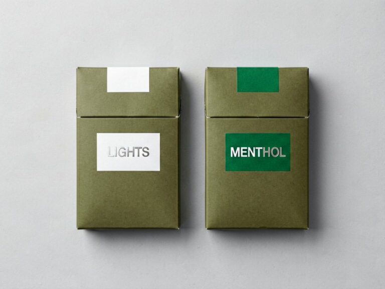 Two sealed cigarette cartons in plain packaging side by side on a light grey studio surface, one labelled Lights and one labelled Menthol, illustrating the ESSE super slim carton comparison at Melvixa