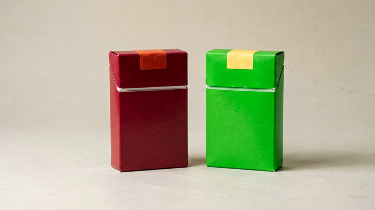 Generic red and green cigarette cartons arranged for an Australia carton comparison