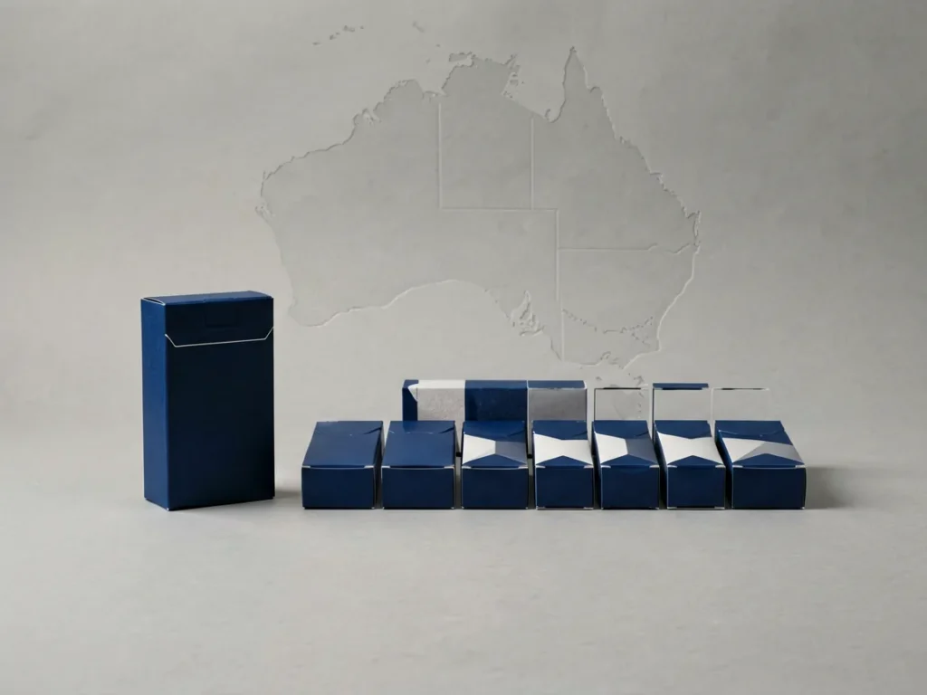 Unbranded carton and pack shapes arranged for an Australian product guide