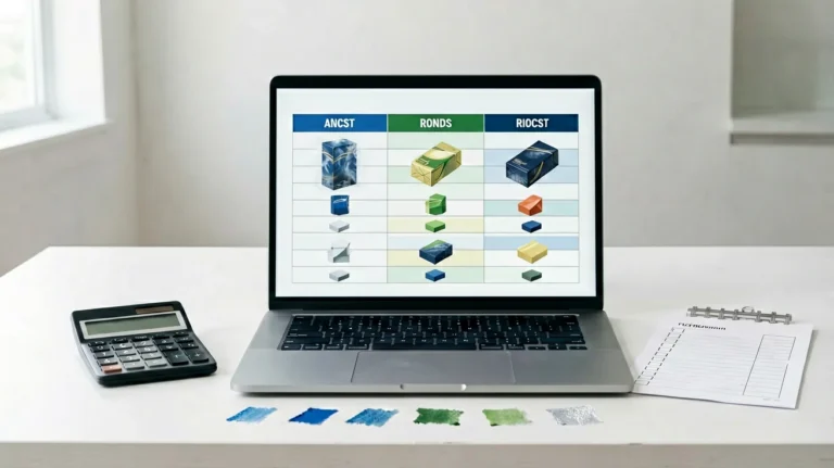 Product comparison desk with blue, green and silver selection cues