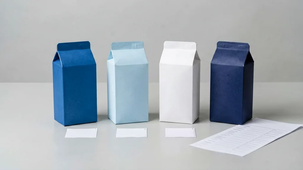 Four unbranded blue carton boxes arranged for an Australian product comparison