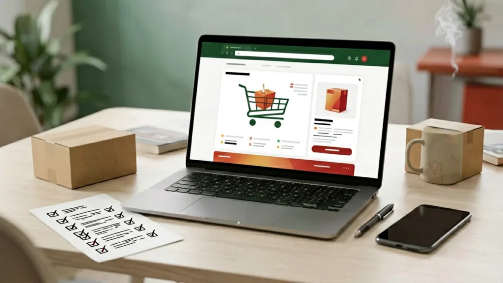An unbranded online cart checklist on a desk for verifying a product record before checkout