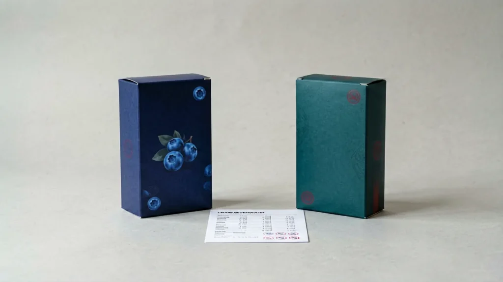 Unbranded carton-shaped boxes arranged for an adult catalogue comparison