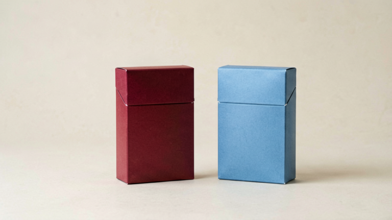Unbranded red and blue cigarette cartons arranged for an Australian adult catalogue comparison