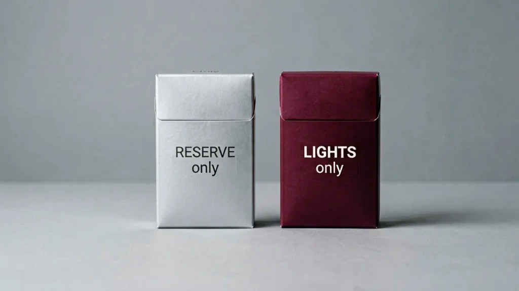 Generic Reserve and Lights carton boxes arranged for a price comparison