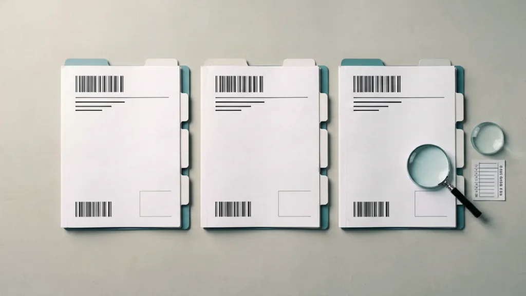 Three generic catalogue folders arranged for a SKU comparison