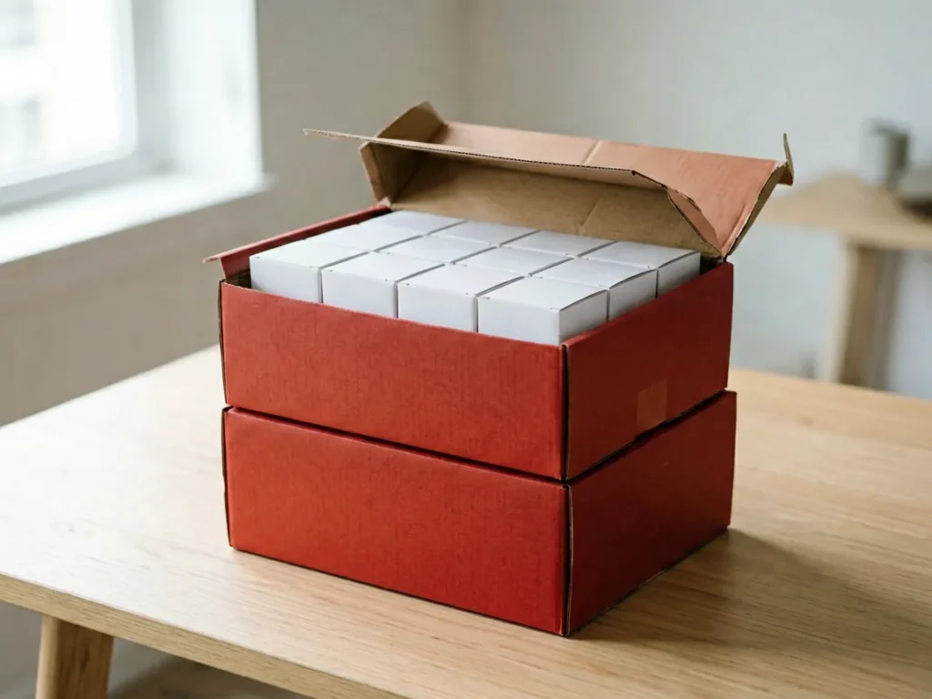 Plain unbranded red cartons on a wooden desk, editorial catalogue photo for the Manchester United Kingdom Red article