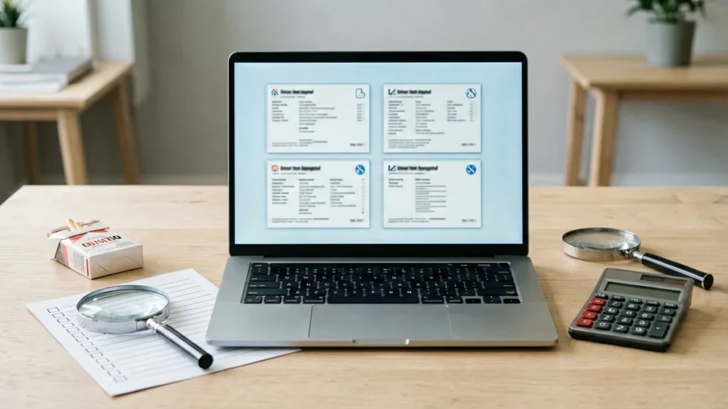 Checklist and magnifying glass beside four generic catalogue records on a desk