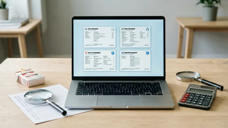 Checklist and magnifying glass beside four generic catalogue records on a desk