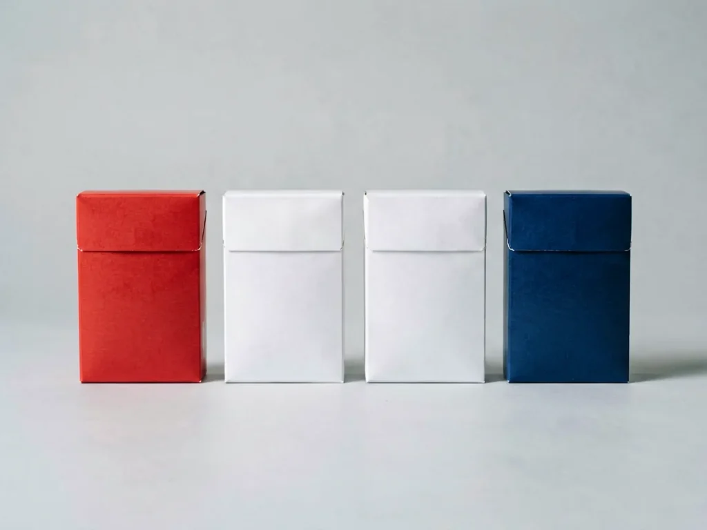 Four plain unbranded cigarette cartons in red, white and blue tones representing the Marlboro carton range at Melvixa
