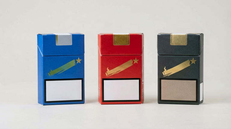 A clean editorial arrangement of generic blue, red and dark cigarette cartons for an Australian adult catalogue guide