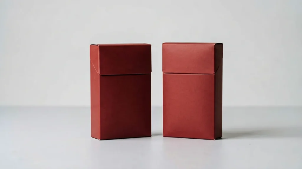 Two unbranded red cigarette cartons side by side on a grey studio background