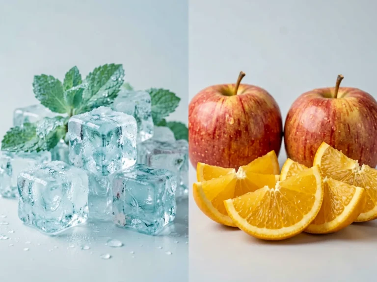 ESSE Change Mint Ice Blast vs Double Applemint editorial comparison showing a frosty mint and ice theme beside fresh apple and citrus