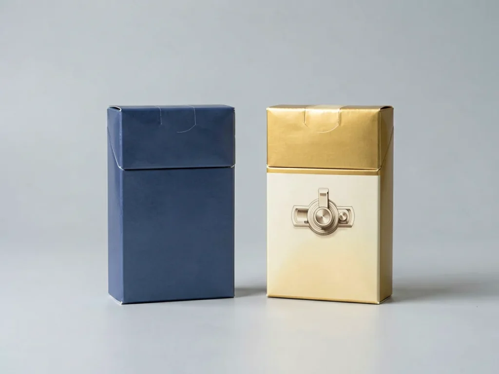 Two plain unbranded cigarette cartons side by side on a light grey desk, the navy blue carton for the Dunhill Blue 6mg listing and the gold and cream carton with a switch lever motif for the Vietnamese Kent Switch listing, editorial catalogue image