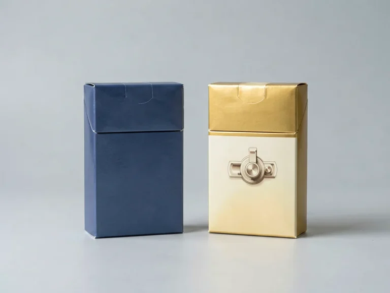 Two plain unbranded cigarette cartons side by side on a light grey desk, the navy blue carton for the Dunhill Blue 6mg listing and the gold and cream carton with a switch lever motif for the Vietnamese Kent Switch listing, editorial catalogue image