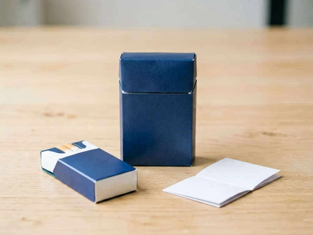 Plain unbranded blue cigarette carton beside a slim blue pack on a light desk, editorial photo for the Manchester Special Edition Blue carton guide