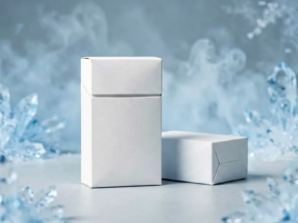 Editorial image of a plain white cigarette carton with a cool blue ice accent beside a smaller white carton on a studio surface, illustrating the Marlboro Ice Blast Mega 8mg Japan carton comparison at Melvixa