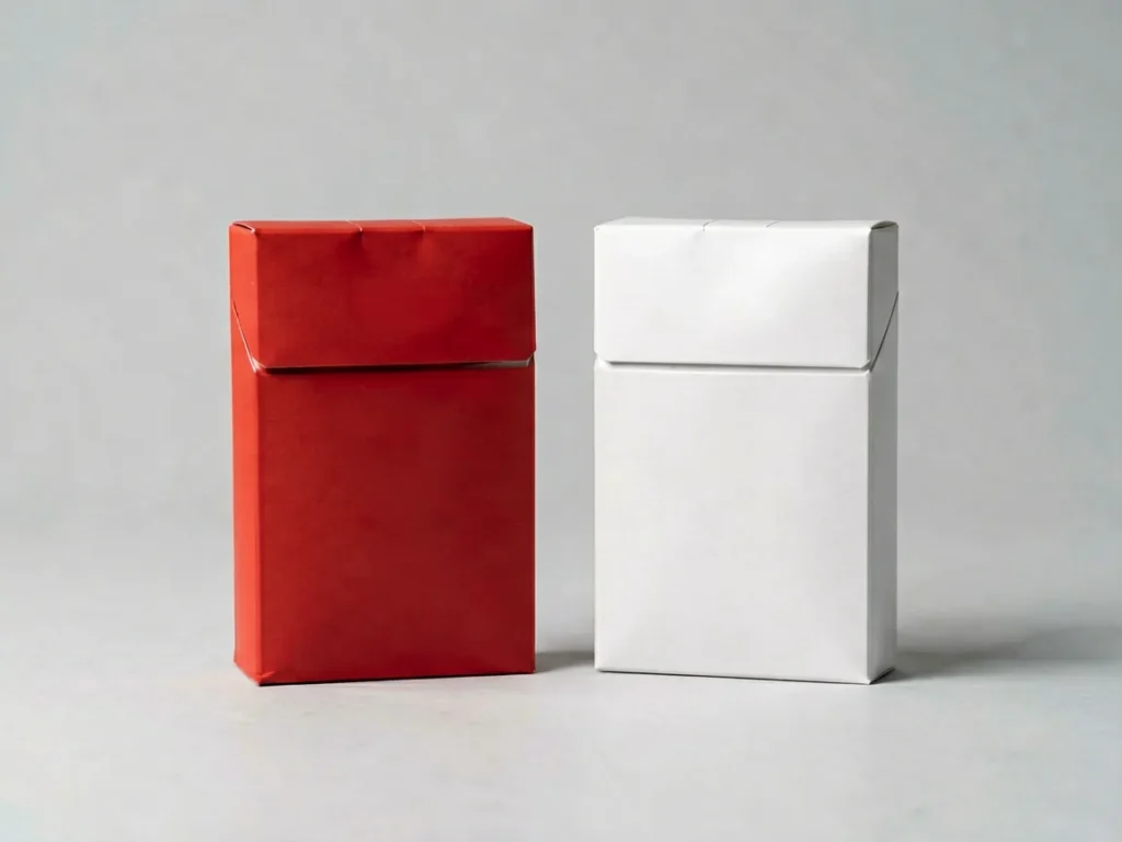Two plain unbranded cigarette cartons side by side on a light grey studio surface, one with a solid red cover and one with a solid white cover, editorial image for the Marlboro Red vs Marlboro Hard White US Edition carton article at Melvixa