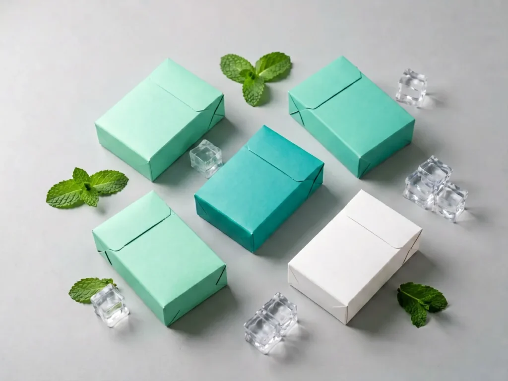 Sealed cigarette cartons in mint and teal tones with fresh mint leaves on a light background