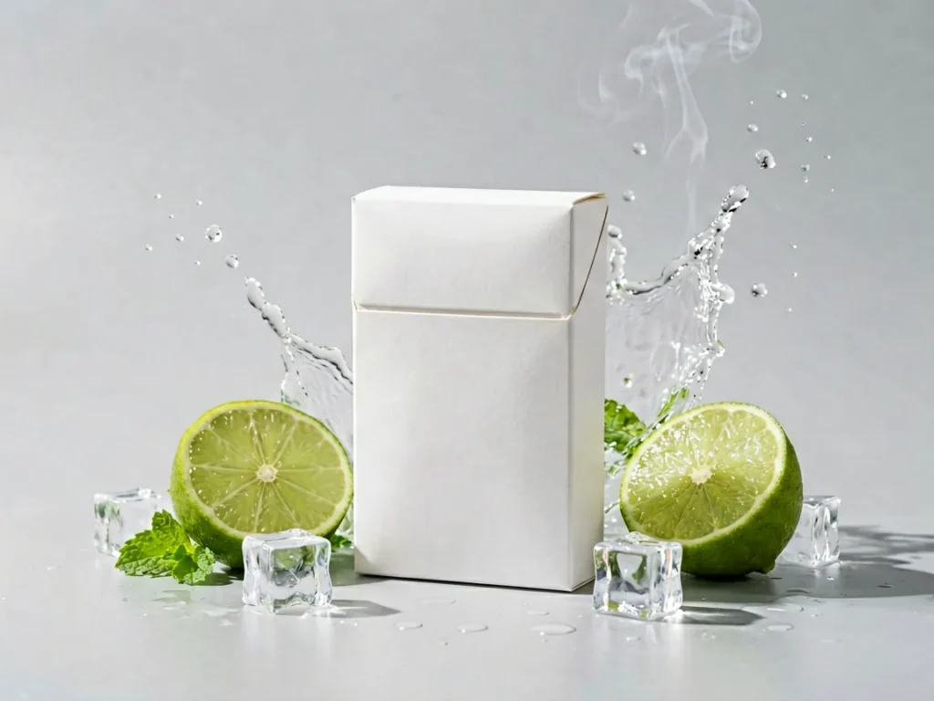 Unbranded white carton with fresh lime, mint leaves and a water splash on a studio surface, editorial image for the Marlboro Vista Tropical Splash KS Box carton article at Melvixa
