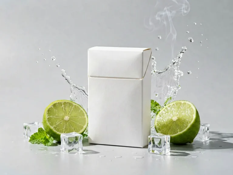 Unbranded white carton with fresh lime, mint leaves and a water splash on a studio surface, editorial image for the Marlboro Vista Tropical Splash KS Box carton article at Melvixa