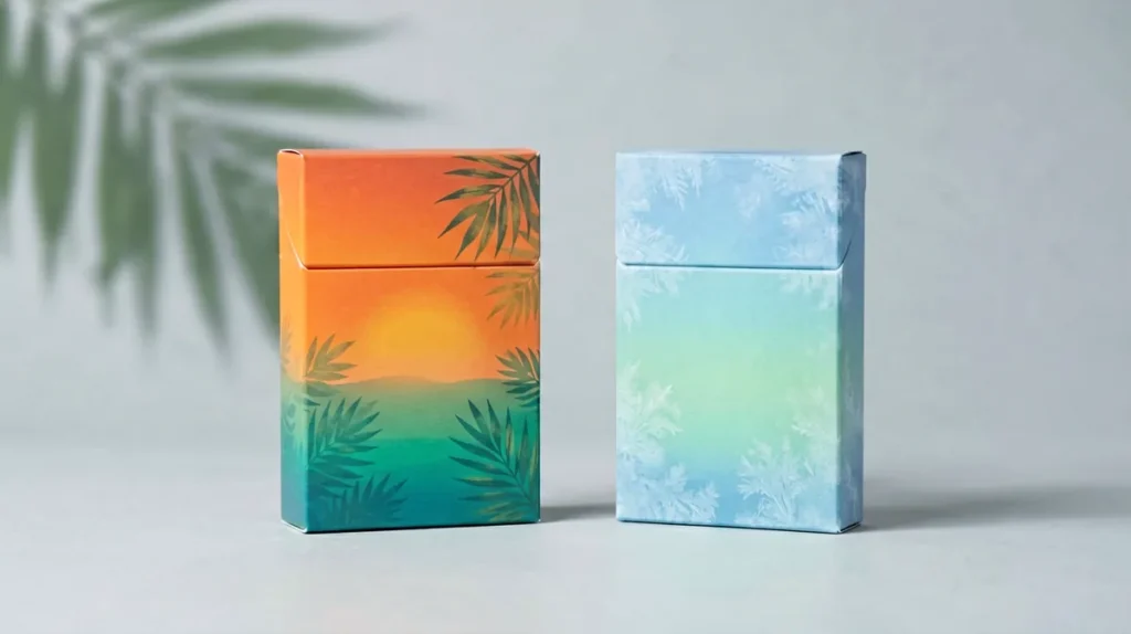 Two unbranded premium cigarette carton boxes side by side, one in tropical orange and teal tones and one in icy blue tones, illustrating the Marlboro Vista Tropical Splash and Ice Blast Mega carton listings at Melvixa