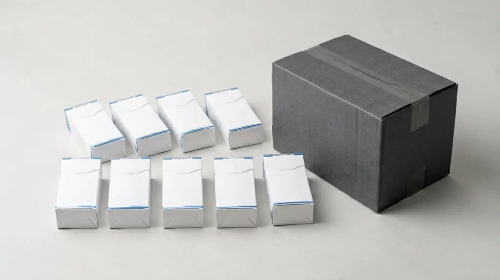 Ten plain hard-pack boxes arranged beside an unbranded carton for an Australian pack quantity guide