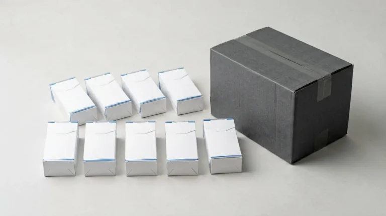 Ten plain hard-pack boxes arranged beside an unbranded carton for an Australian pack quantity guide