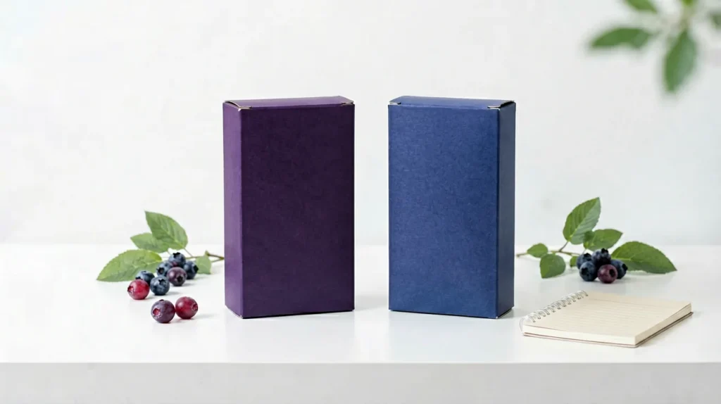 Two unbranded purple and blueberry cartons arranged for a MEVIUS catalogue comparison